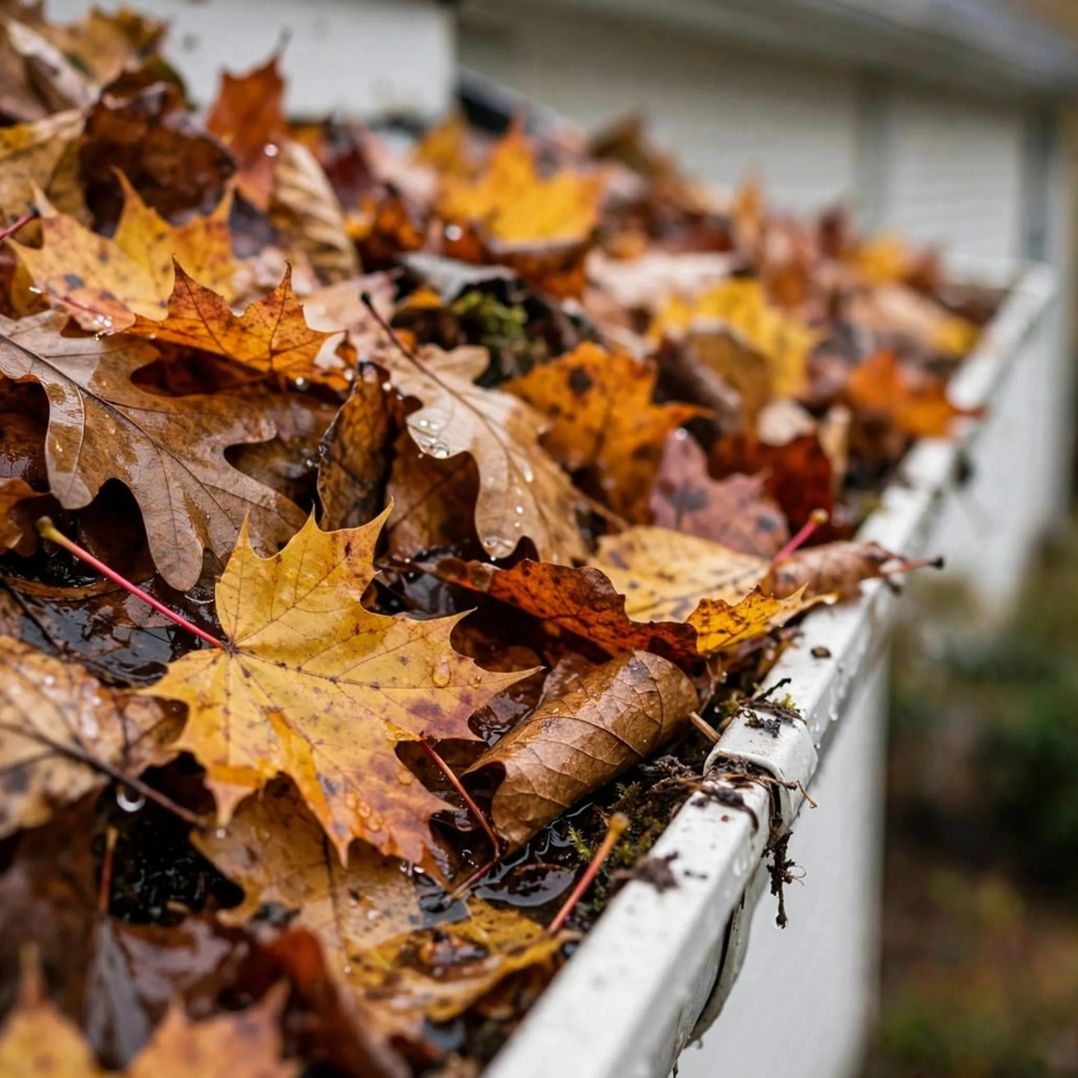 wet autumn leaves blocking residential gutter